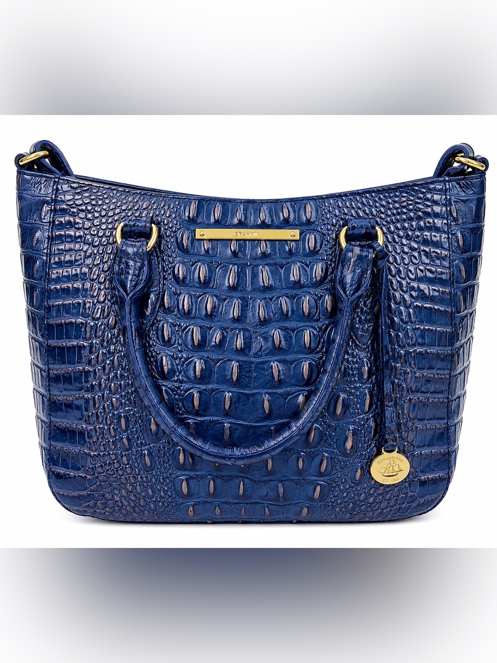 Brahmin Melbourne Lena Metallic Purplish Blue Leather Bag Gold Accent